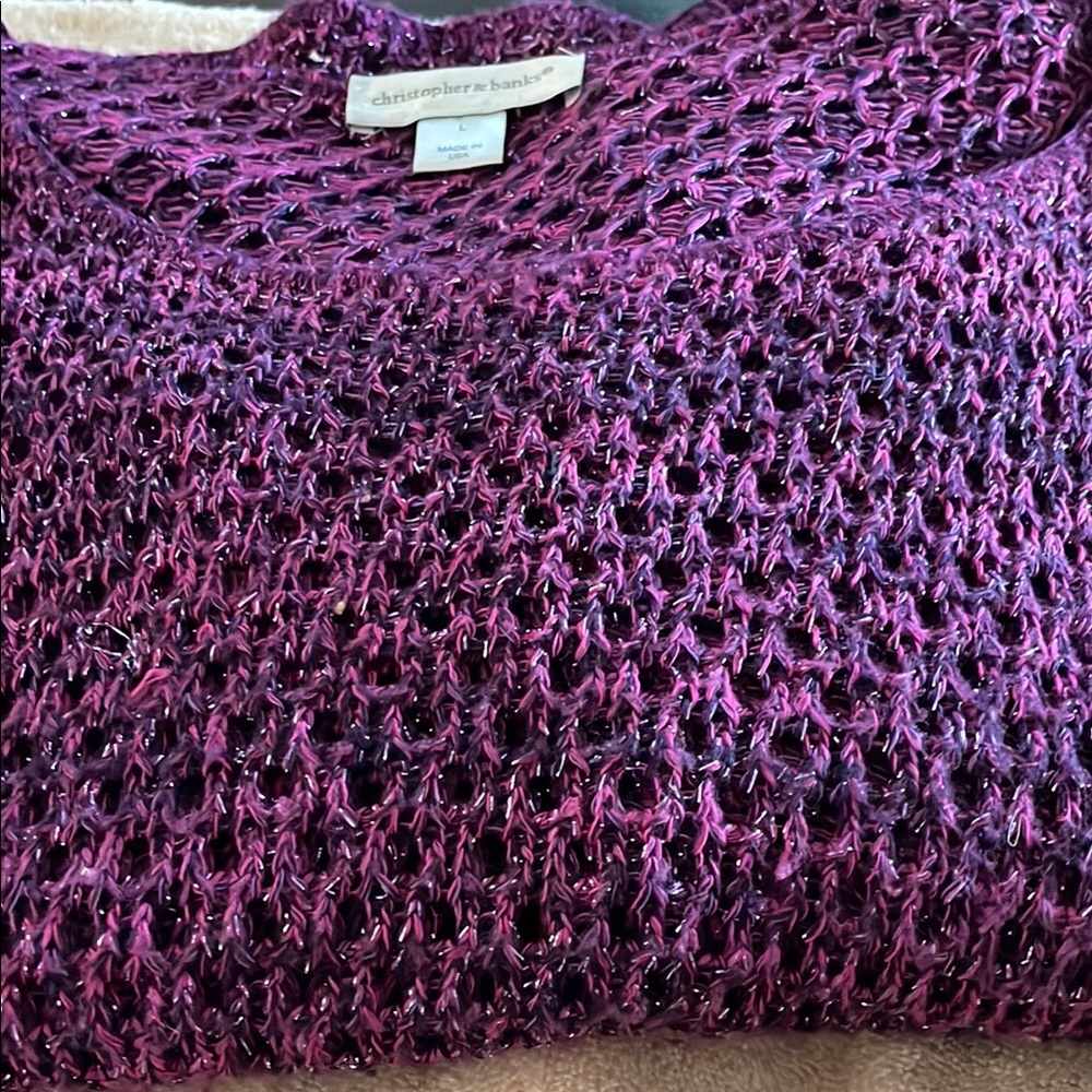 Christopher & Banks Purple Crew Neck Sweater with Open-Knit Design .